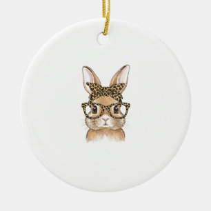 Easter Bunny Leopard Glasses Bandana Rabbit Women  Ceramic Ornament