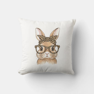 Easter Bunny Leopard Glasses Bandana Rabbit Women  Throw Pillow