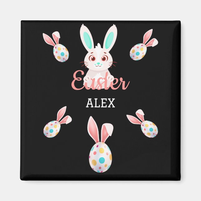 " EASTER" BUNNY MAGNET WITH SPECKLED EGGS & NAME. (Front)