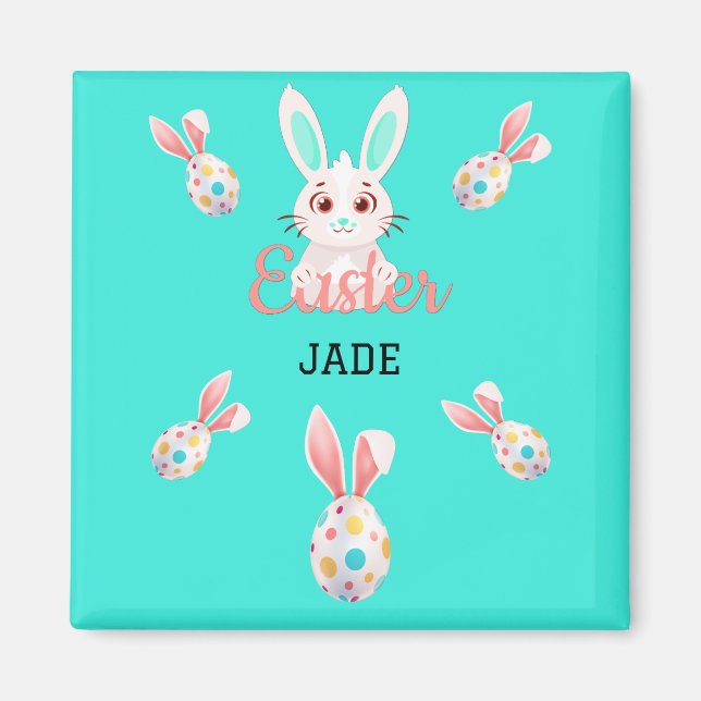 " EASTER" BUNNY MAGNET WITH SPECKLED EGGS & NAME. (Front)