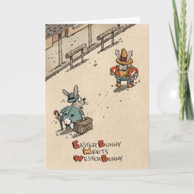 Easter Bunny Meets Wester Bunny Holiday Card (Front)