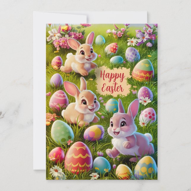 Easter Bunny On Egg Hunt Holiday Card (Front)
