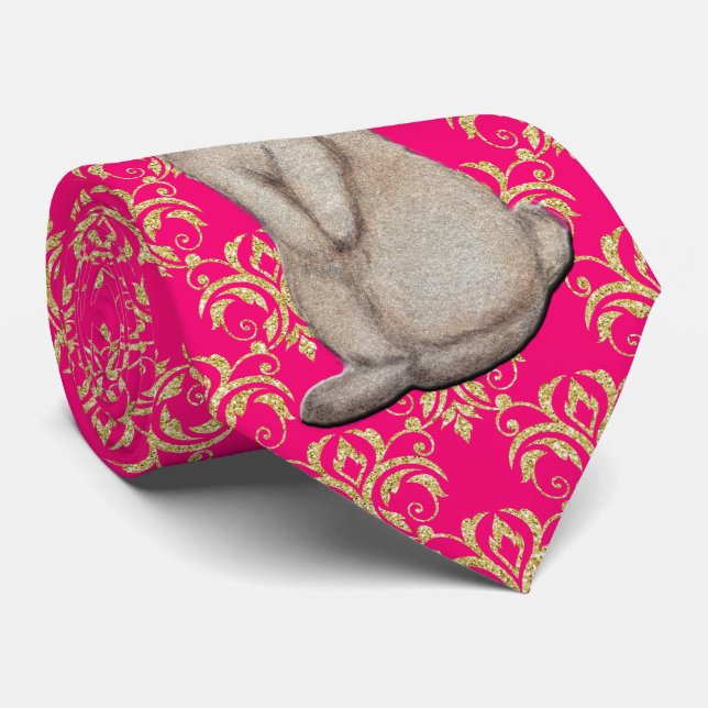 Easter Bunny on Gold Damask on Pink Background Tie (Rolled)