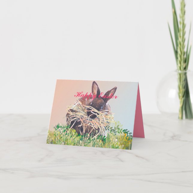 Easter Bunny or Nest Making Rabbit - Happy Easter Holiday Card (Front)