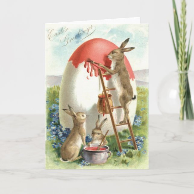 Easter Bunny Painting Egg Forget Me Not Holiday Card (Front)