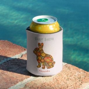 Easter Bunny Personalized Gold Pink Floral Can Cooler