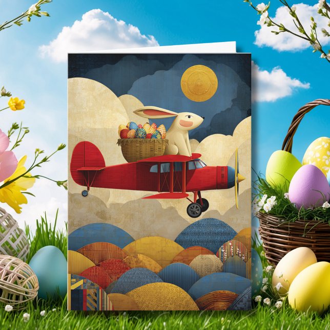 Easter Bunny Pilot Flies Airplane Custom Aviation Card (Creator Uploaded)