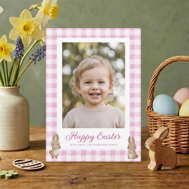 Easter Bunny Pink Gingham Photo Holiday Card (Creator Uploaded)