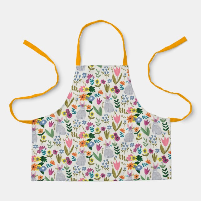 Easter bunny pink & green cute spring floral apron (Front)