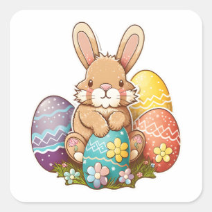 Easter Bunny Playful With Eggs Square Sticker
