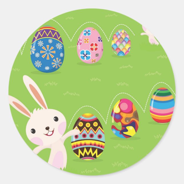 Easter bunny playful with painted eggs classic round sticker (Front)