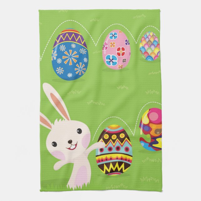 Easter bunny playful with painted eggs kitchen towel (Vertical)