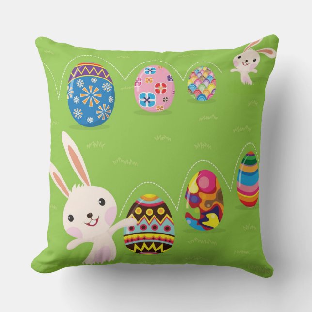 Easter bunny playful with painted eggs throw pillow (Front)