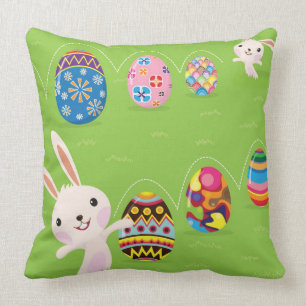 Easter bunny playful with painted eggs throw pillow