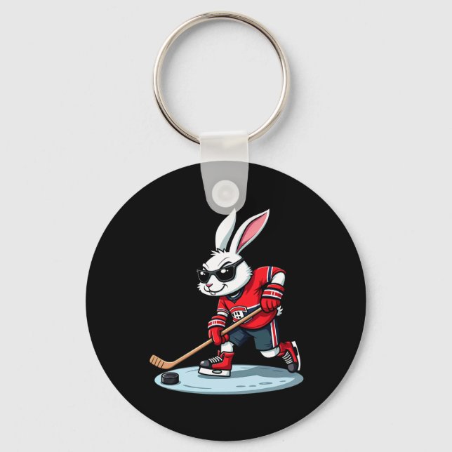 Easter Bunny Playing Hockey  Keychain (Front)