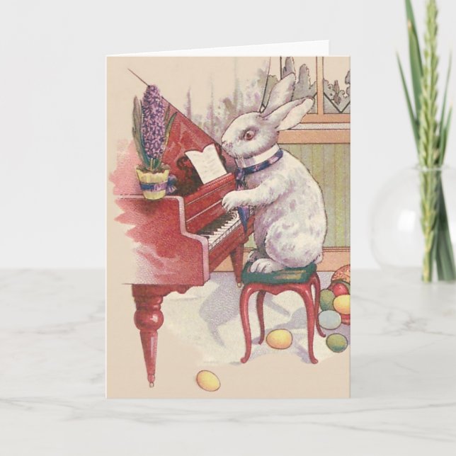 Easter Bunny Playing Piano Hyacinth Holiday Card (Front)