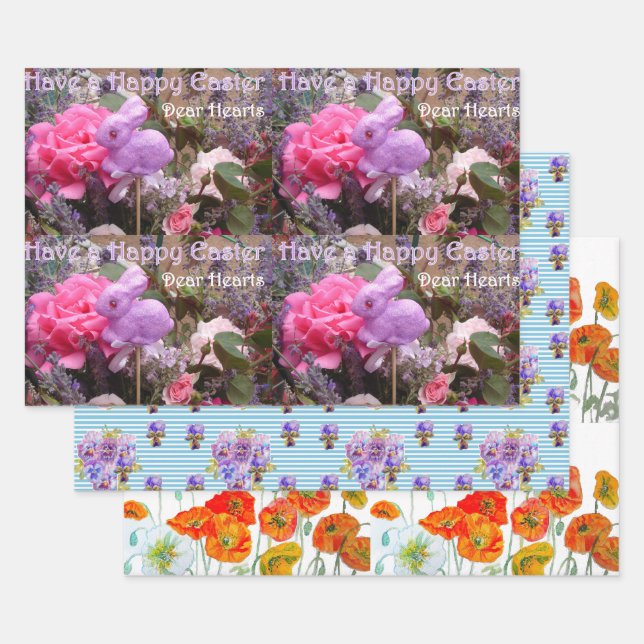 Easter Bunny Poppy Flower Pattern Watercolor Wrapping Paper Sheet (Set)