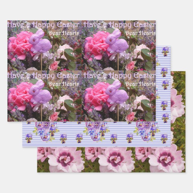 Easter Bunny Poppy Pansy Rose Purple Shabby Wrapping Paper Sheet (Set)
