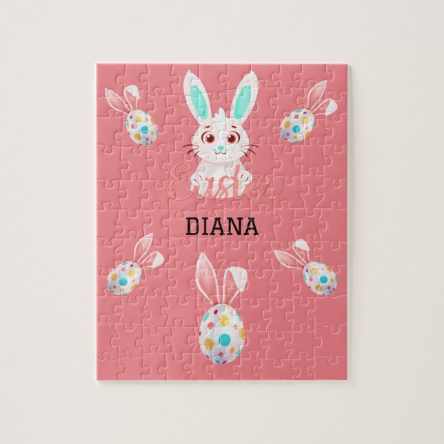 " EASTER" BUNNY PUZZLE WITH SPECKLED EGGS & NAME. (Vertical)