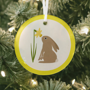 Easter Bunny Rabbit and Daffodil flower Glass Ornament