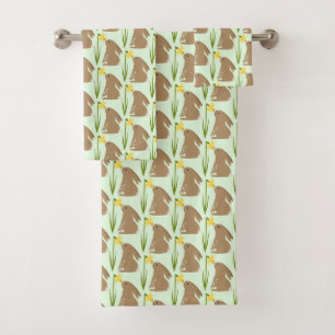 Easter Bunny Rabbit and Daffodil flower Patterned Bath Towel Set