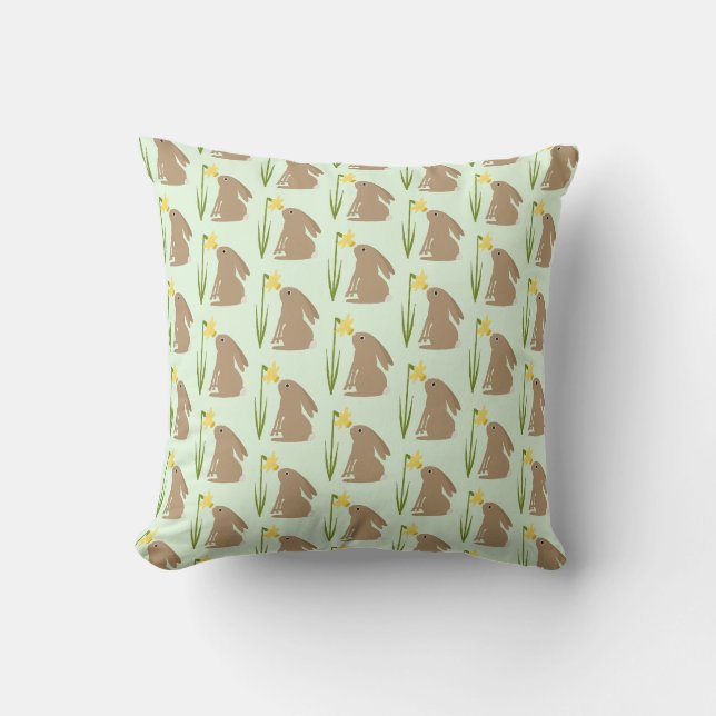 Easter Bunny Rabbit and Daffodil flower Patterned Outdoor Pillow (Front)