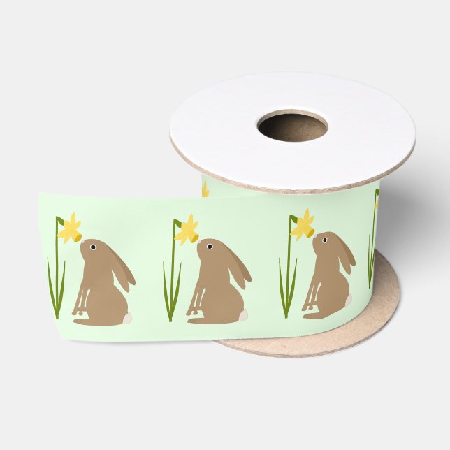 Easter Bunny Rabbit and Daffodil flower Patterned Satin Ribbon (Spool)