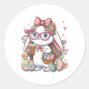 Easter Bunny Rabbit Coffee Eggs Hunting Women Girl Classic Round Sticker