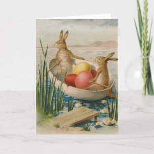 Easter Bunny Rabbit Coloured Egg Boat Holiday Card