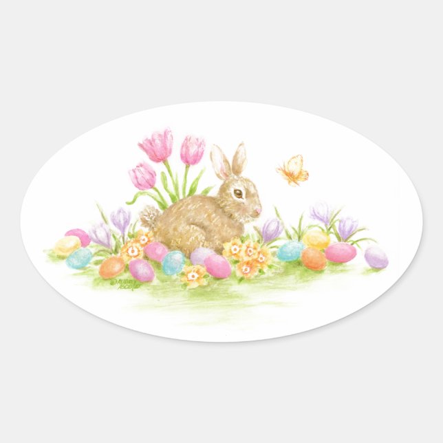 Easter Bunny Rabbit Coloured Eggs Flowers Stickers (Front)