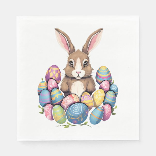 Easter Bunny Rabbit Colourful Eggs Easter Egg Hunt Napkin (Front)