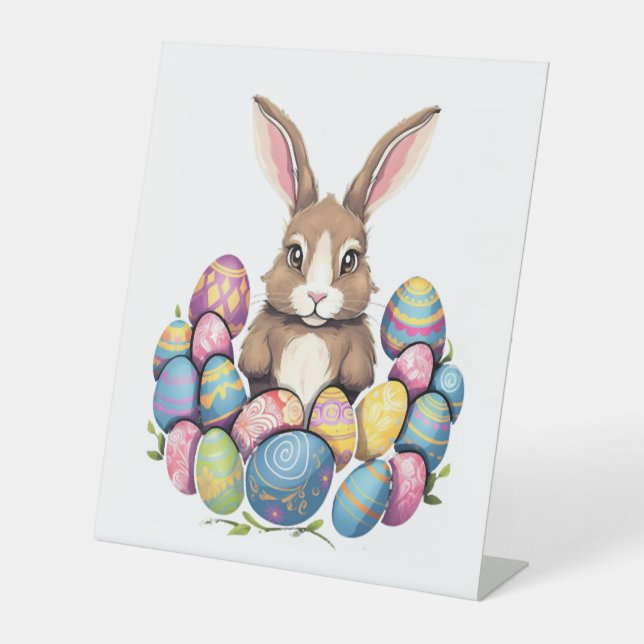 Easter Bunny Rabbit Colourful Eggs Easter Egg Hunt Pedestal Sign (Front)