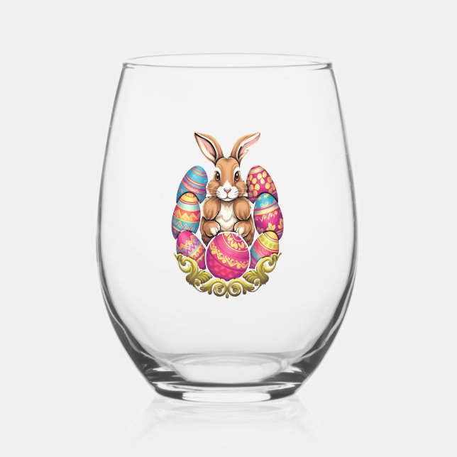 Easter Bunny Rabbit Colourful Eggs Easter Egg Hunt Stemless Wine Glass (Front)
