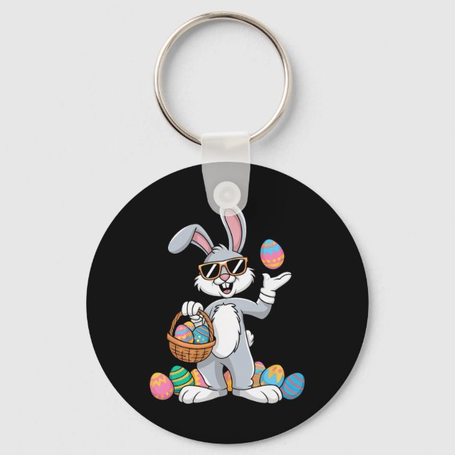 Easter Bunny Rabbit Dabbing Carrying Colourful Egg Keychain (Front)