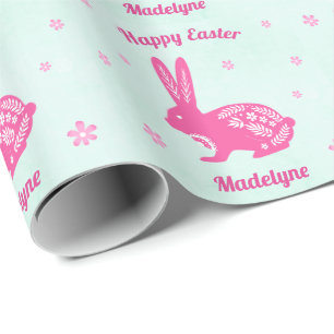Easter Bunny Rabbit Daisies Pink Aqua Personalized Wrapping Paper