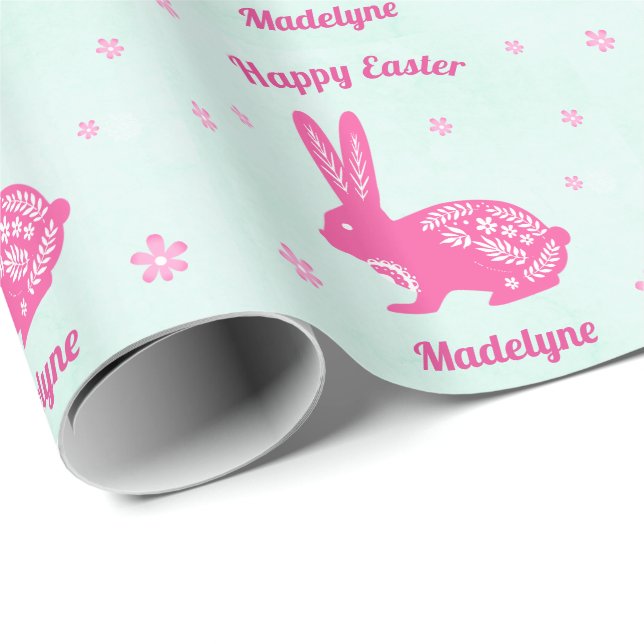 Easter Bunny Rabbit Daisies Pink Aqua Personalized Wrapping Paper (Roll Corner)