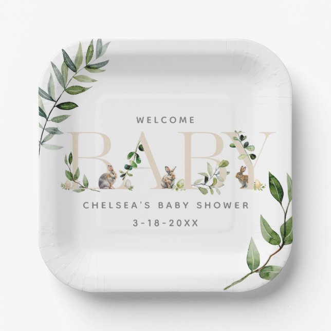 Easter Bunny Rabbit Eucalyptus Neutral Baby Shower Paper Plate (Front)