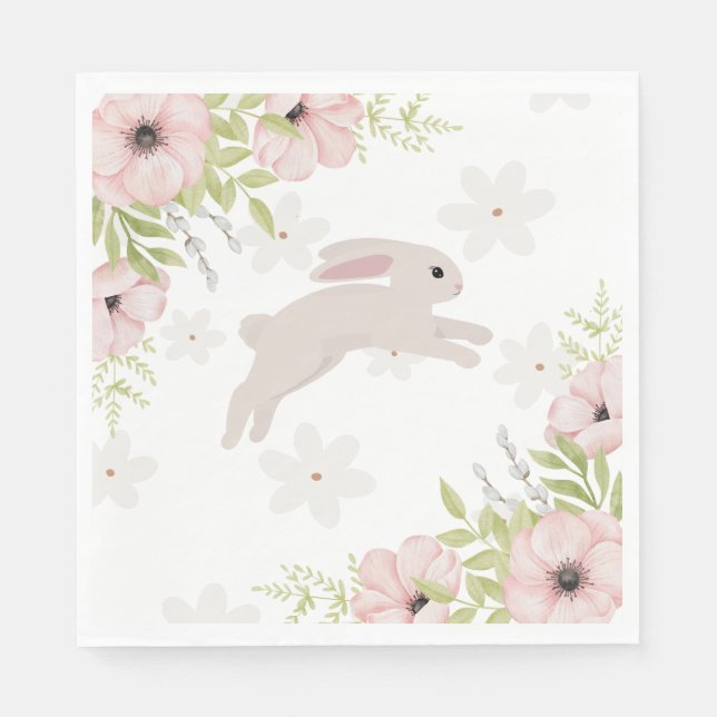 Easter Bunny Rabbit Pink Flowers Napkin (Front)