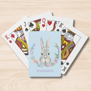 Easter Bunny Rabbit Watercolor Floral Personalized Playing Cards