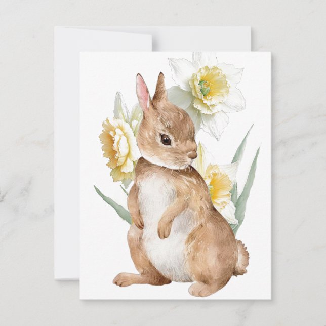 Easter Bunny Rabbit Yellow Daffodil Flower Spring  Holiday Card (Front)