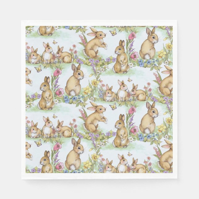 Easter Bunny Rabbits in a Spring Garden Party Napkin (Front)