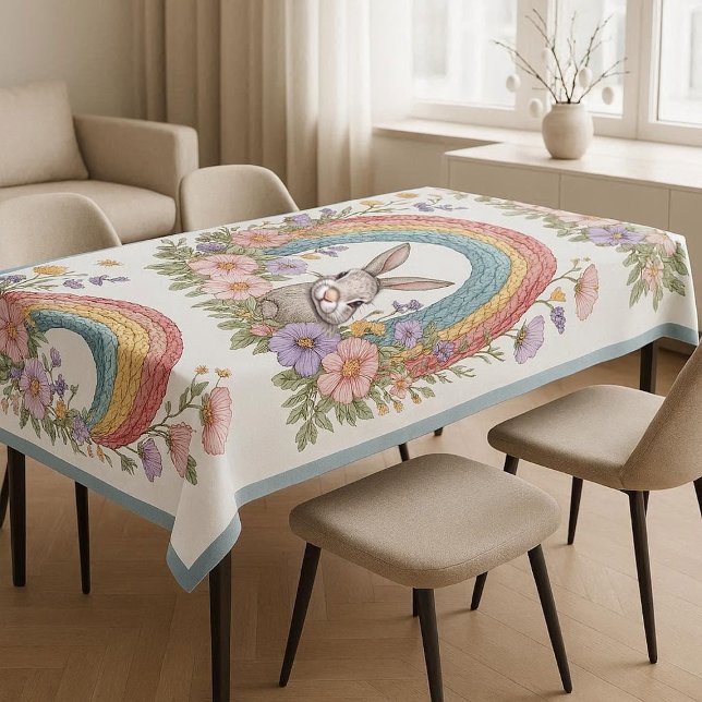 Easter Bunny Rainbow Art Spring Wildflowers Meadow Tablecloth (Easter Bunny Rainbow Art Spring Wildflowers Meadow Tablecloth)