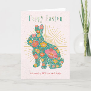 Easter Bunny Retro Floral Personalized Holiday Card
