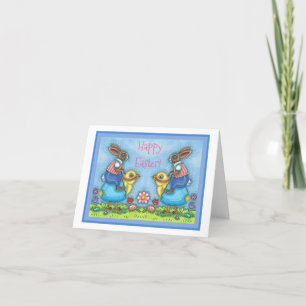 EASTER BUNNY RIDING CUTE CHICK IN BLUE EGG Blank Holiday Card