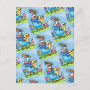 EASTER BUNNY RIDING CUTE CHICK IN BLUE EGG, WHIMSY HOLIDAY POSTCARD