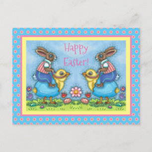 EASTER BUNNY RIDING CUTE CHICK IN BLUE EGG, WHIMSY HOLIDAY POSTCARD