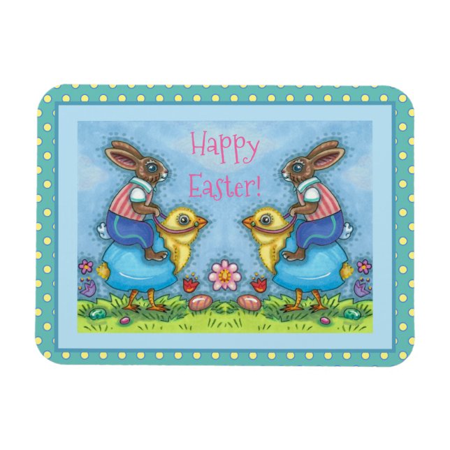 EASTER BUNNY RIDING CUTE CHICK IN BLUE EGG, WHIMSY MAGNET (Horizontal)