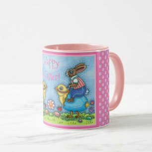 EASTER BUNNY RIDING CUTE CHICK IN BLUE EGG, WHIMSY MUG