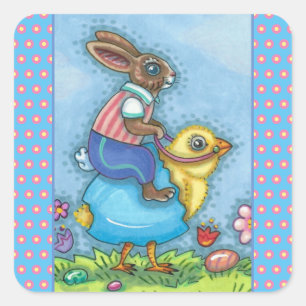 EASTER BUNNY RIDING CUTE CHICK IN BLUE EGG, WHIMSY SQUARE STICKER