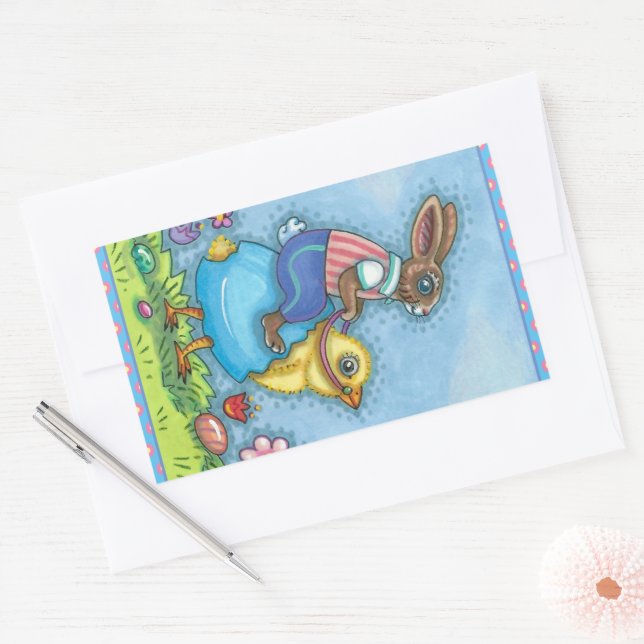 EASTER BUNNY RIDING CUTE CHICK IN BLUE EGG, WHIMSY STICKER (Envelope)